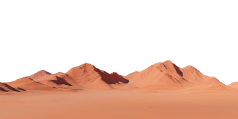 PNG cut out isolated background. A bold orange desert mountain range rises dramatically from the flat sand-covered terrain.