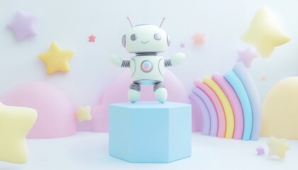 Cute pastel robot on a hexagonal platform, surrounded by stars and rainbows.