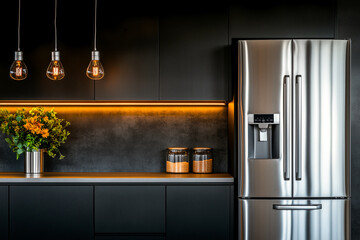 Modern Kitchen with Stainless Steel Refrigerator and Dark Cabinetry