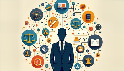 Illustration shows lawyer in suit with legal tools, concepts. Concepts like justice law firm, legal system connected in network. Pro, ethical principles visualized. Modern law concepts, tools.