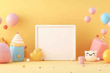 Blank white square frame surrounded by pastel-colored 3D rendered birthday elements, including cupcakes, balloons, and hearts against a yellow background.