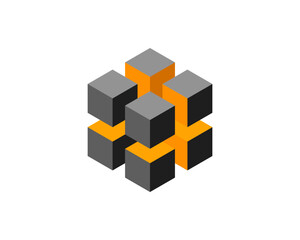 Cube logo, geometric vector design. Box logotype company, trendy tech emblem in pixel style.
