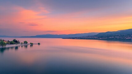 Obraz premium Serene sunset over calm lake with distant mountains and shoreline trees.