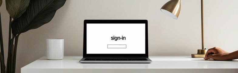 Laptop displaying a login screen on a desk with a plant and lamp.