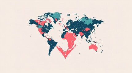 Fototapeta premium A stylized world map featuring vibrant colors, highlighting various regions with shades of blue, green, and pink against a light background.