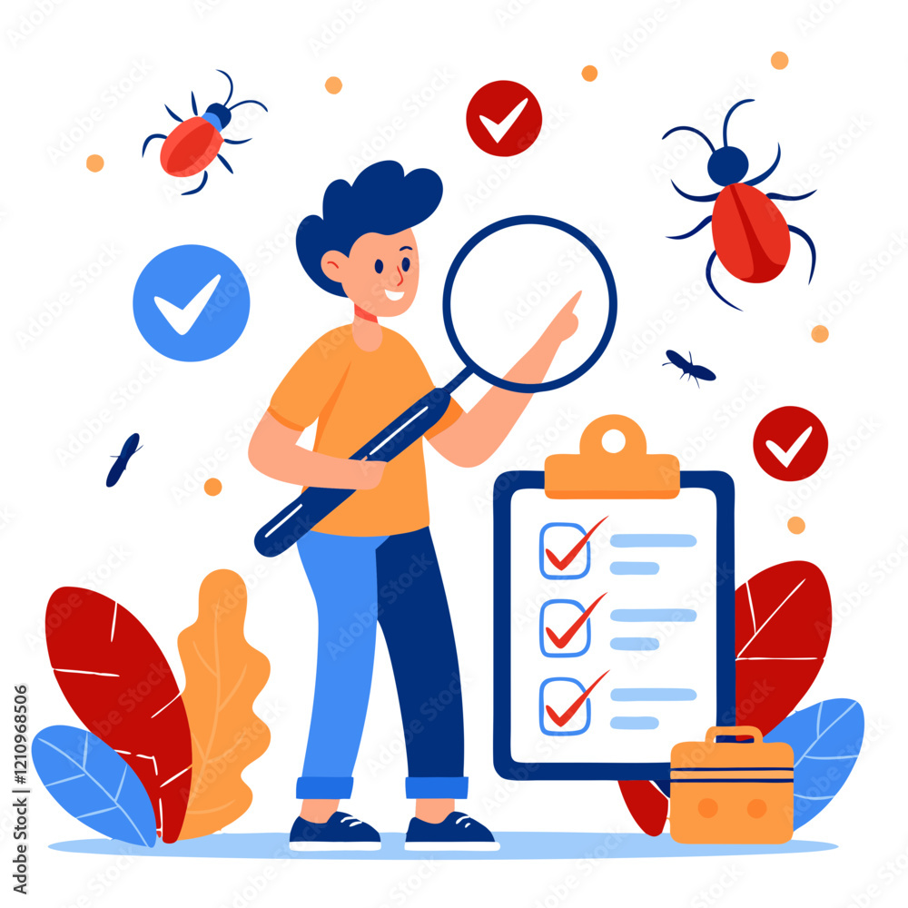 Poster in a vibrant workspace, a software tester examines a codebase for bugs using a magnifying glass whil