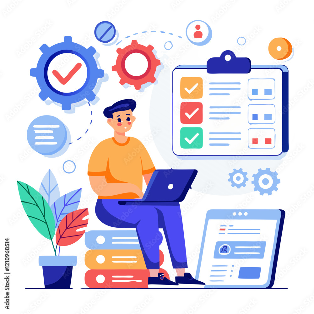 Poster a software tester is focused on reviewing code and reports using a laptop. gears and charts illustra