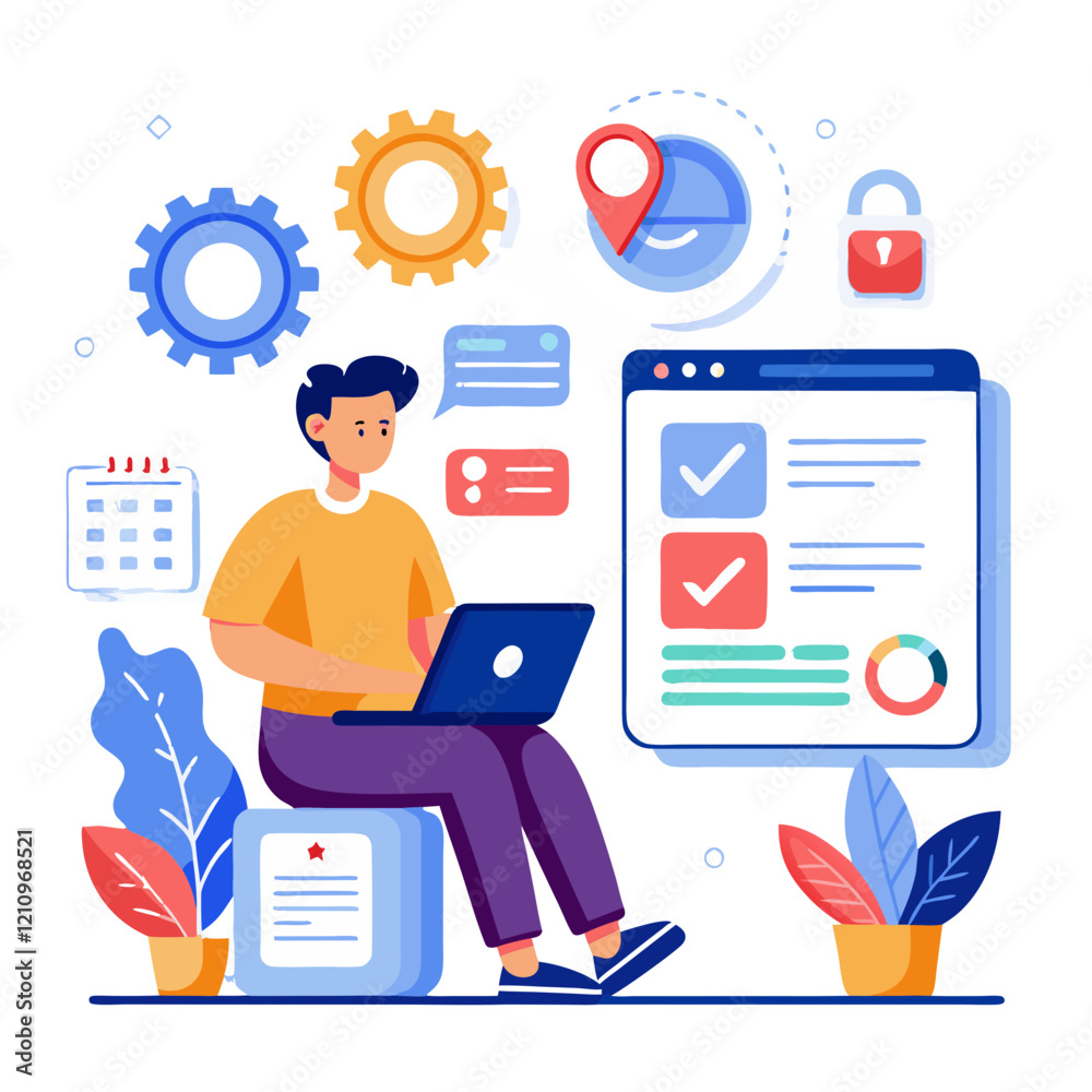 Poster a software tester engages with a laptop, analyzing code and reports amidst vibrant graphics of gears