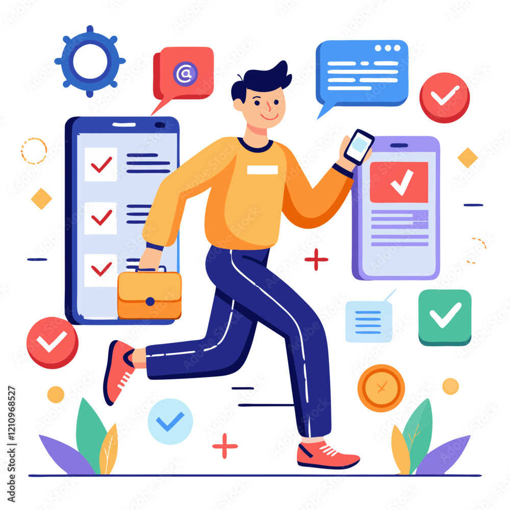 Poster a skilled tester is actively engaged in a quality assurance process, running while using a mobile de