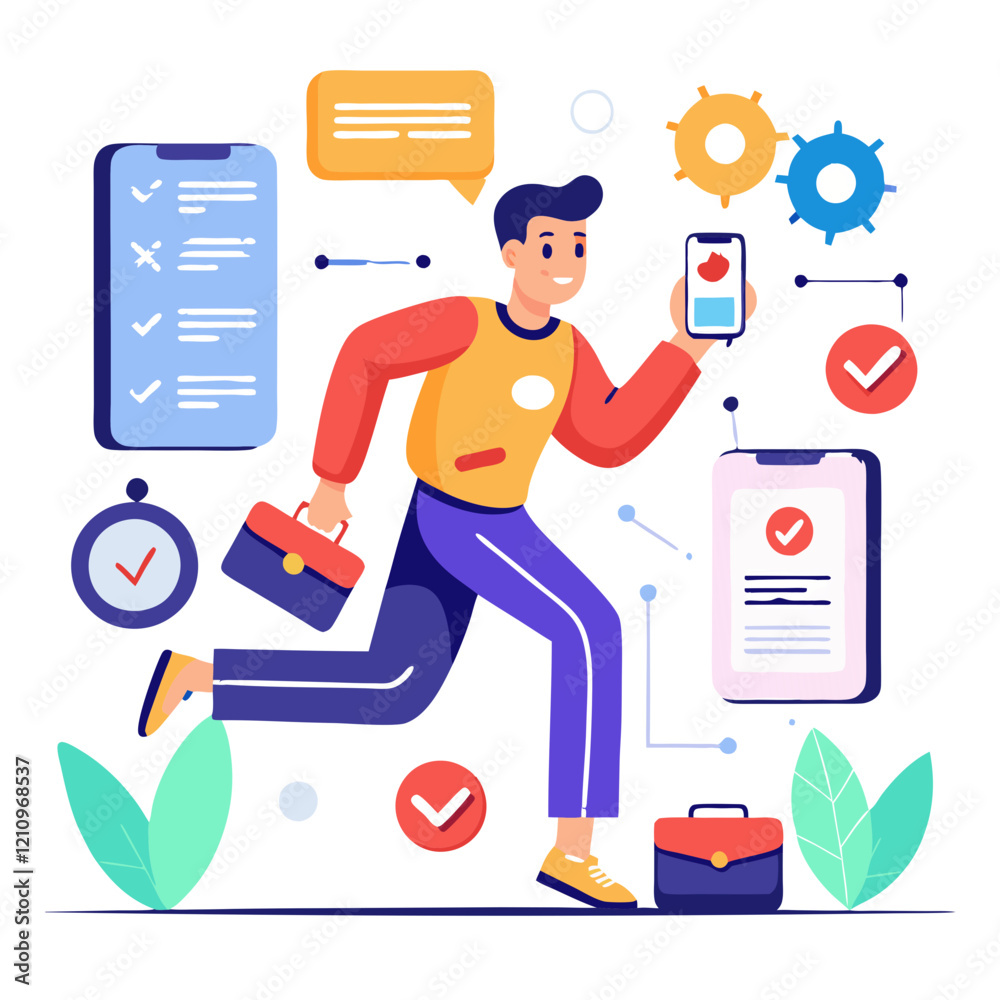 Poster a tester is actively engaged in a quality assurance process, running while checking tasks on a mobil