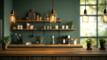 Obraz premium Warm-lit rustic kitchen counter with shelves and window.