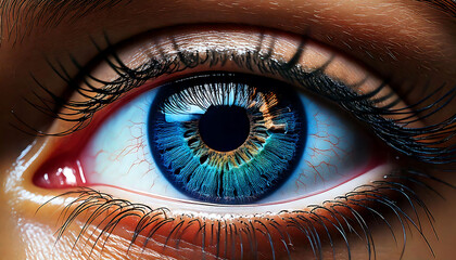 Stunning close-up of a vibrant blue eye with intricate detail, showcasing long dark lashes and visible blood vessels.
