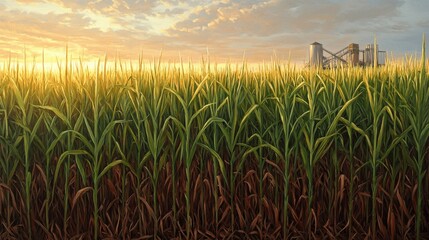 Fototapeta premium Lush Cornfield at Sunrise with Silhouetted Farm Equipment in Distance under a Vibrant Sky Showcasing Agricultural Bounty and Rural Farming Landscape