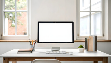 A modern blank screen rests on a flat, minimalist desk, ready for work or creative design