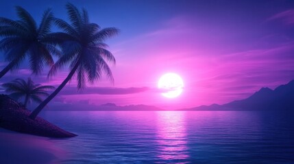 Naklejka premium Scenic Tropical Landscape with Palm Trees and Vibrant Sunset Over Calm Ocean Waters at Dusk