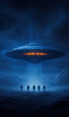 Mysterious Alien Encounter with Silhouetted Figures Under a Futuristic UFO in a Dark Blue Atmosphere