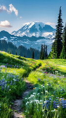 Expansive View of Mount Rainier National Park: Majestic Mountain, Lush Meadows and Dense Forests