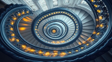 Obraz premium Spiral staircase in grand building, ornate railings, light glows. Architecture design