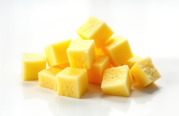 Closeup photo of cubed cheese on white background. Dairy product looks fresh, appetizing. Suitable for food blog posts recipes. Ideal for healthy eating options diet-conscious recipes. Perfect for