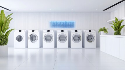 Modern Laundry Room with Row of Front Loading Washing Machines in Bright White Interior Design