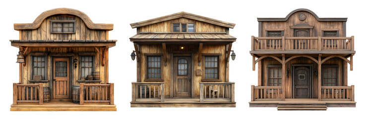 Fototapeta premium Vintage Western Themed Wooden Buildings Isolated on Transparent Background