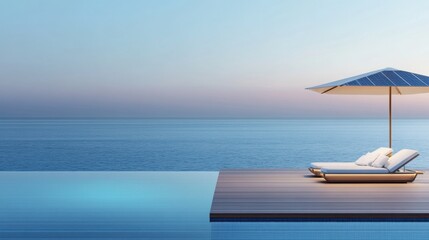 Fototapeta premium Tranquil Seascape with Poolside Lounger and Umbrella at Sunset Over Calm Blue Ocean Waters