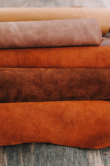  Rolled Brown Leather Materials in Brown Tones.Textured Suede Fabric Rolls. Collection of Suede...