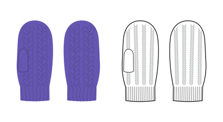 Knitted Igloo One-Fingered Mitten Gloves purple cartoon with flat sketch outline Fashion hand accessory clothing technical illustration garment. Vector for Men, women style on white background