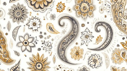 Floral paisley pattern, textile design, white background, autumnal colors, fabric print
