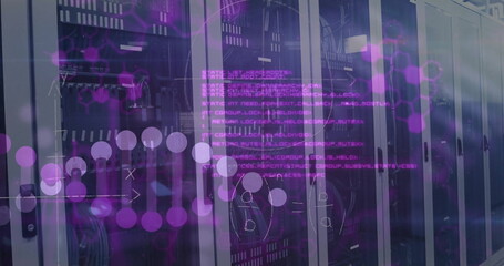 Image of data processing and dna strand over server room