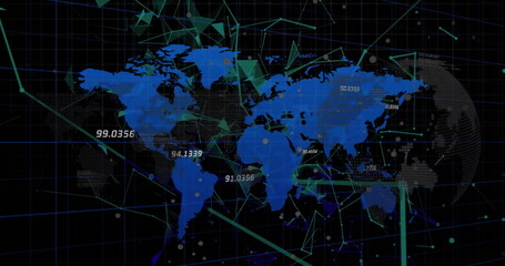 Image of shapes and data processing over world map