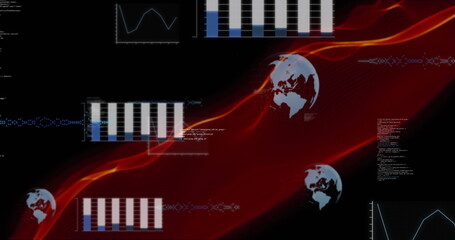 Image of red network wave over globes and graphs processing data on black background