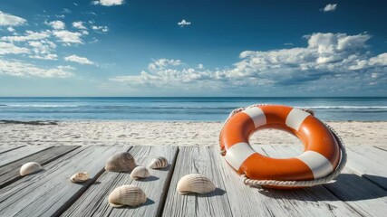 Calm ocean breeze with lifebuoy and seashells on serene beach