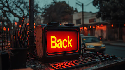 Retrostyled illuminated sign displaying Back in glowing yellow letters on a red background.