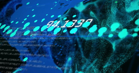 Image of data stream processing over blue world map and network waves on black background