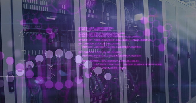 Image of data processing and dna strand over server room