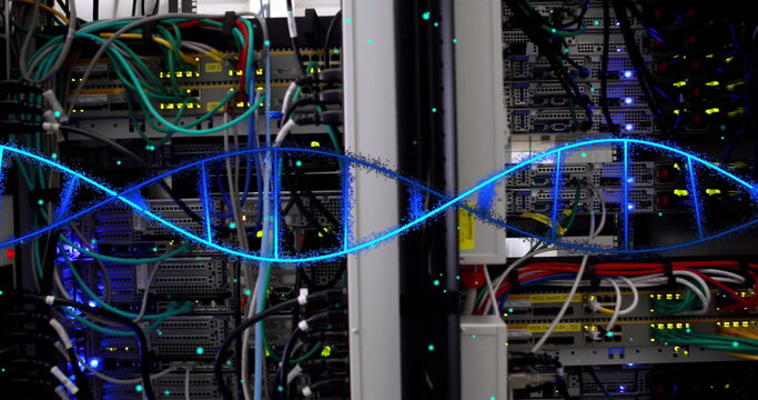 Image of dna strand and spots over server room