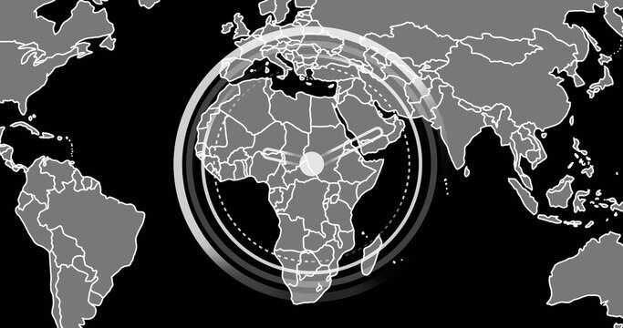Image of circular clock scanner processing over grey world map on black background - Powered by Adobe