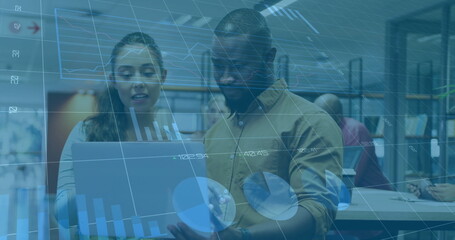 Image of financial data processing over diverse business people in office