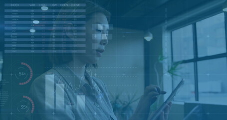 Image of financial data processing over asian businesswoman using tablet in office