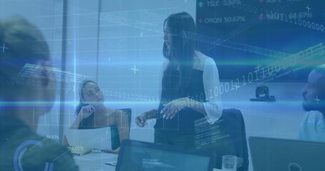 Image of financial data processing over diverse business people in office