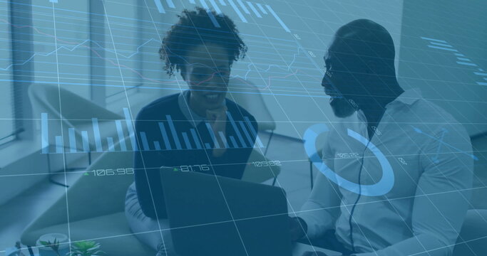 Image of financial data processing over diverse business people in office