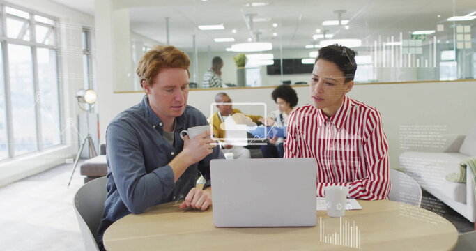 Image of financial data processing over diverse business people in office