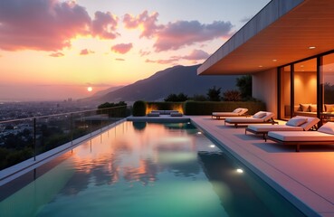Fototapeta premium Penthouse pool area at sunset in Los Angeles villa. Modern architecture with panoramic city views. Relaxing lounge chairs by swimming pool. Stylish and luxurious design.