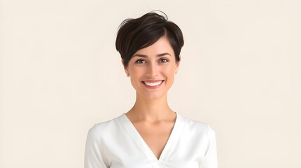 a woman in her thirties with short, layered dark hair, light clear skin, and dark brown eyes. She smiles, wearing a fitted white V-neck blouse 