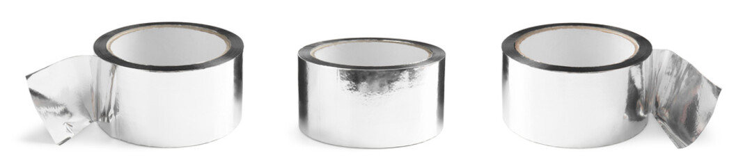 Silver adhesive tape, set. Rolls isolated on white
