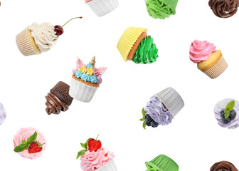 Pattern of different cupcakes with bright cream on white background