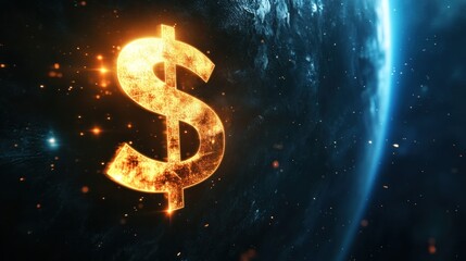Global Finance: A fiery dollar sign dominates against the backdrop of Earth, symbolizing the global reach and power of finance.