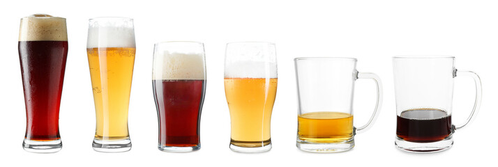 Different types of beer in glasses isolated on white, set