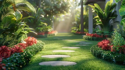 Obraz premium Lush greenery fills the landscape with vibrant leaves under soft natural light in a tranquil outdoor setting